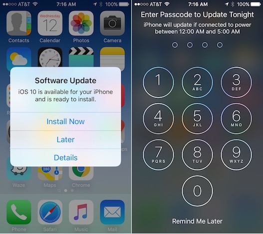 Screenshots of the iOS 10 update dialog and Remind Me Later screen.