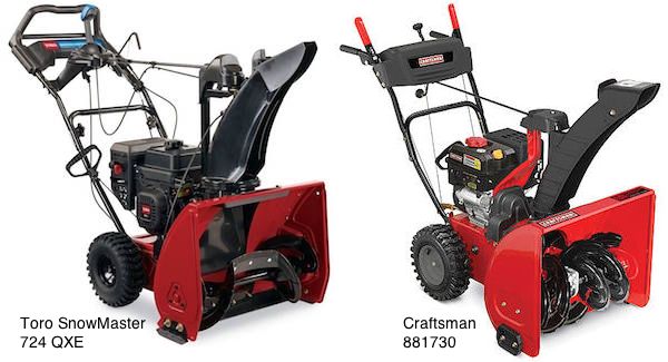 Toro and Craftsman snowblowers side by side in photo