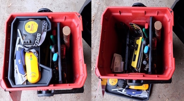 Photo of the toolbox with the top tray inset as normally seen, and then with the tray removed. In both photos, the darkness inside the box makes it difficult to see the tools along the bottom.