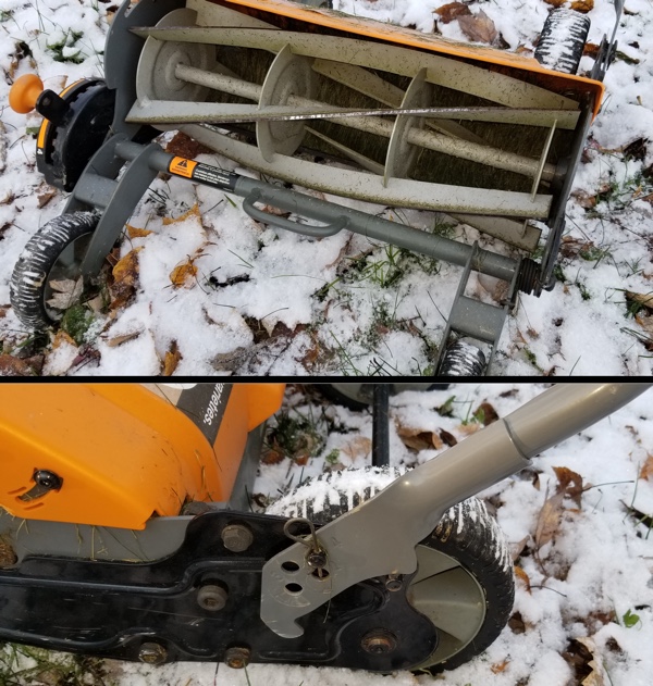 2 photos of the mower to show blade adjuster and handle adjuster