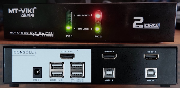 Photos of the front and back of the KVM switch