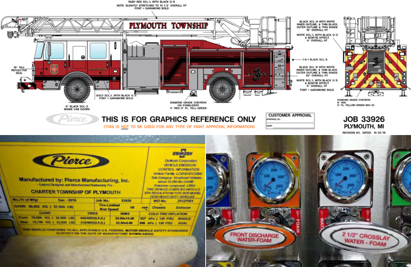 Photo collage of ladder truck schematic plus HMI for controlling pump and foam, plus Pierce placard of truck on door panel.