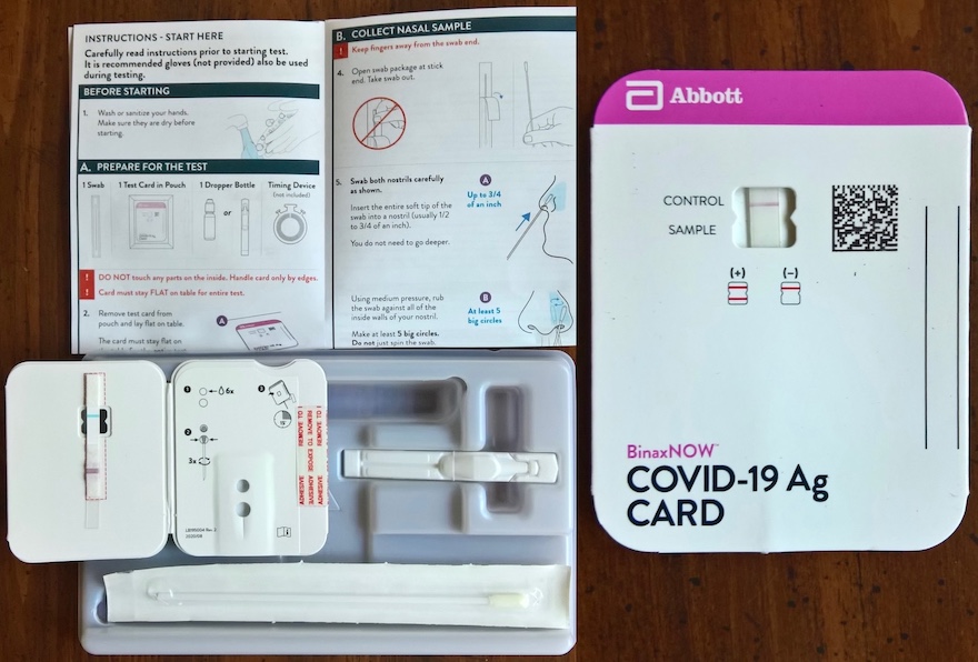 Photo collage of the BinaxNow test kit with a completed test card showing a negative test result