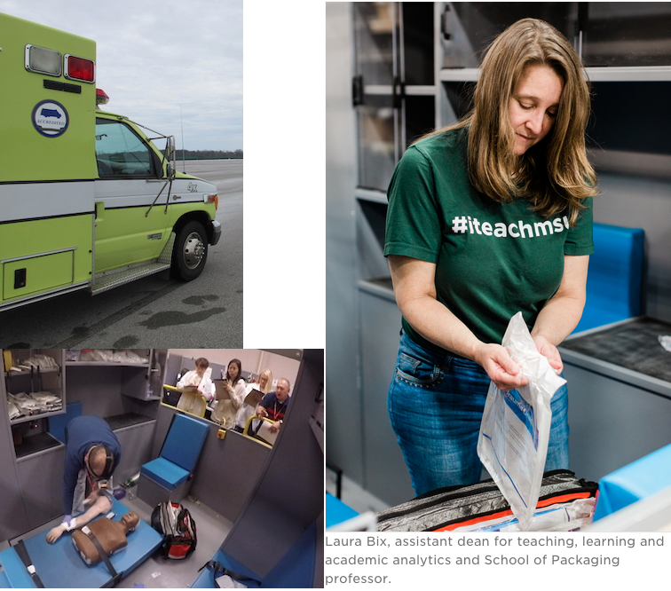 Photo collage of ambulance on track, usability lab, and Dr. Bix opening a medical package
